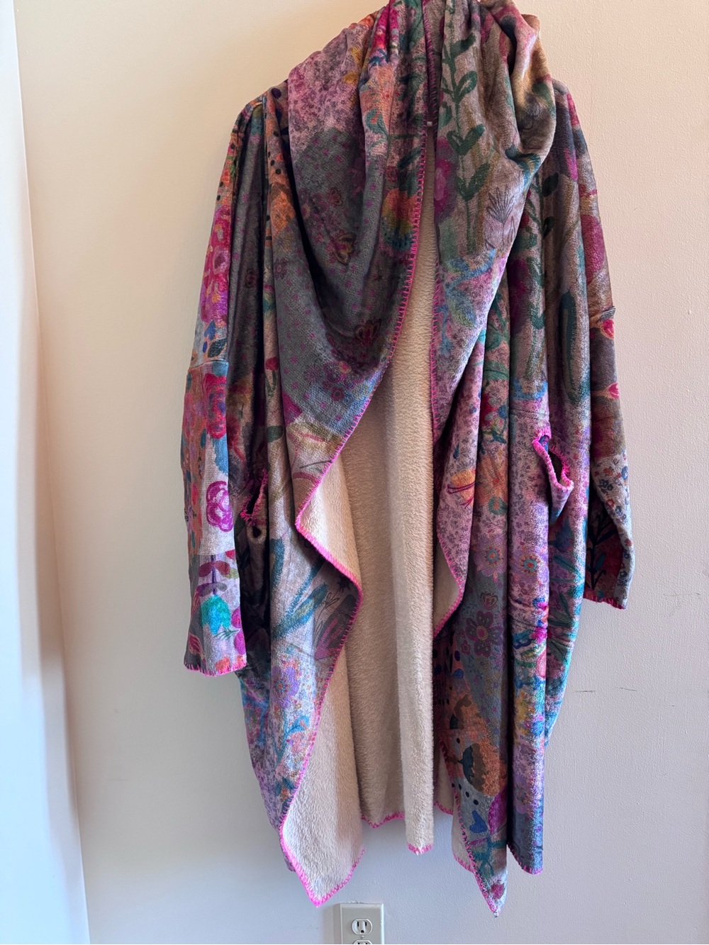 Natural Life L/XL Oversized Sweater Blanket Floral Sherpa Hooded Cardigan Boho